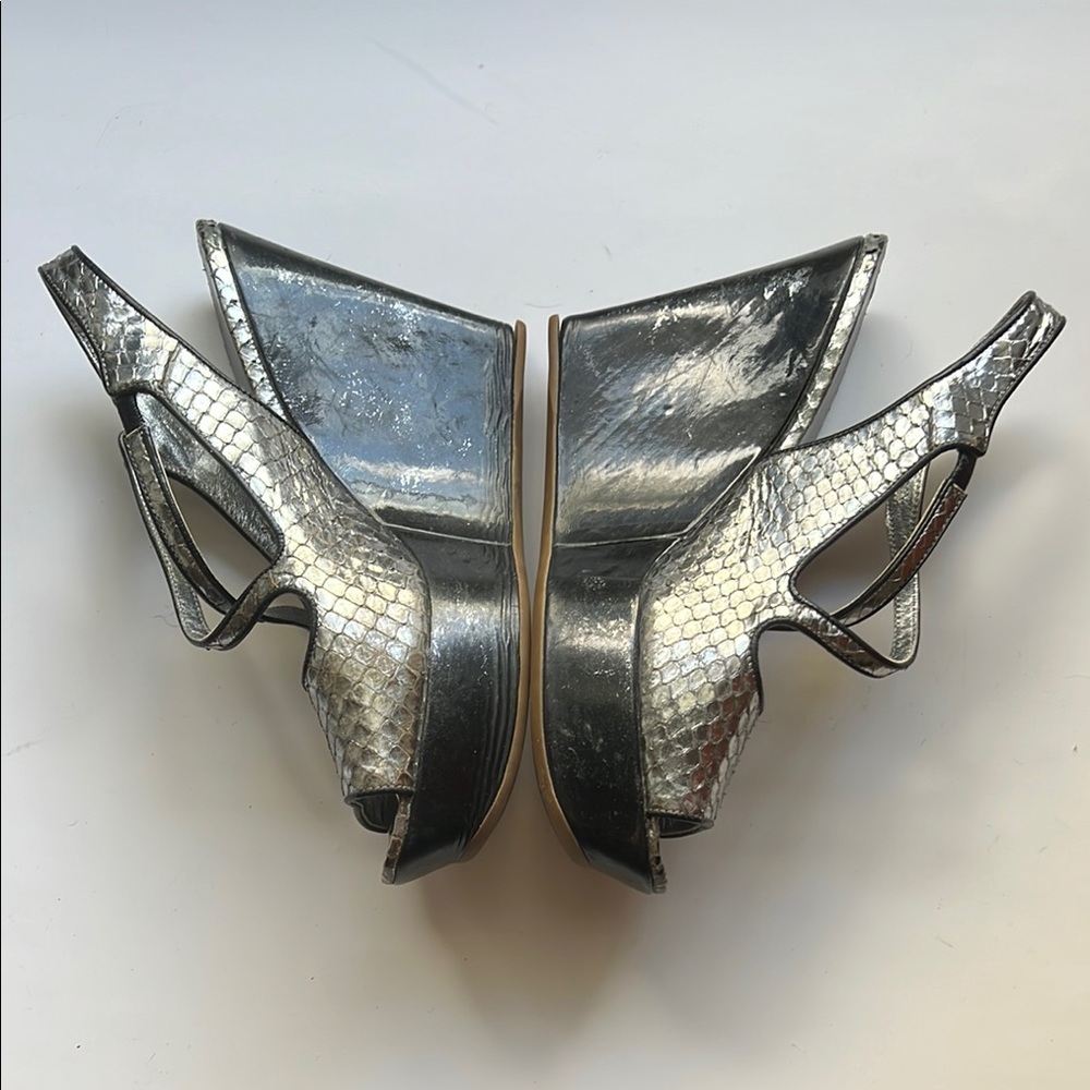 Prada Rare 1K7394 Snake Print Platform Wedge Sandals Silver Sz 38.5